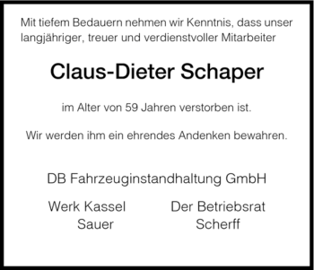 Traueranzeige von Claus-Dieter Schaper von HNA