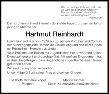 Traueranzeige von Hartmut Reinhardt von HNA