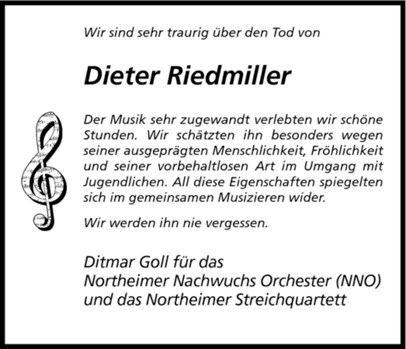  Traueranzeige für Dieter Riedmiller vom 05.09.2007 aus HNA