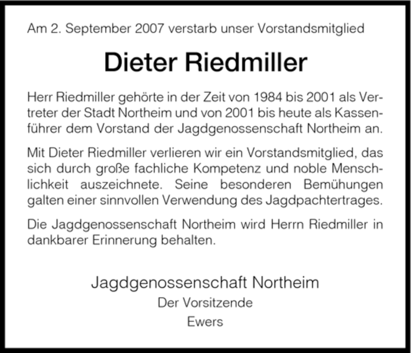  Traueranzeige für Dieter Riedmiller vom 05.09.2007 aus HNA