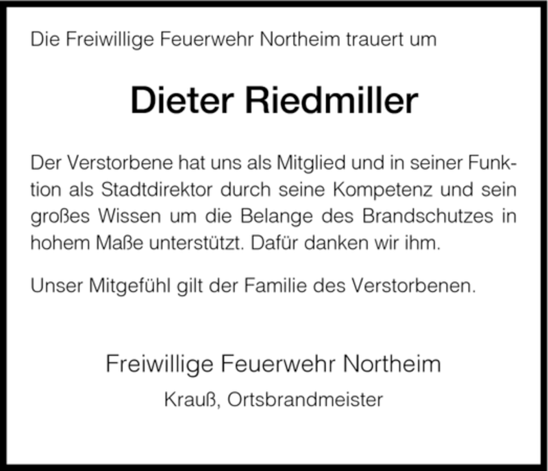  Traueranzeige für Dieter Riedmiller vom 06.09.2007 aus HNA