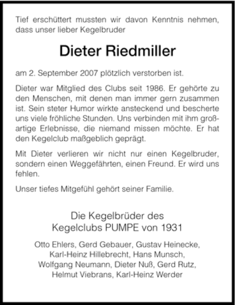  Traueranzeige für Dieter Riedmiller vom 06.09.2007 aus HNA