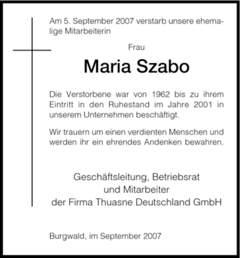 Traueranzeige von Maria Szabo von HNA