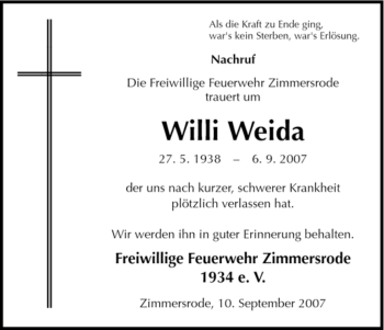 Traueranzeige von Willi Weida von HNA