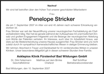 Traueranzeige von Penelope Stricker von HNA