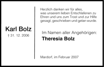 Traueranzeige von Karl Bolz von HNA