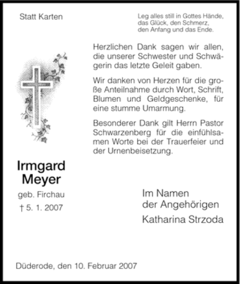 Traueranzeige von Irmgard Meyer von HNA