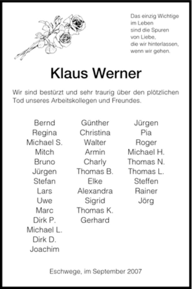  Traueranzeige für Klaus Werner vom 14.09.2007 aus HNA