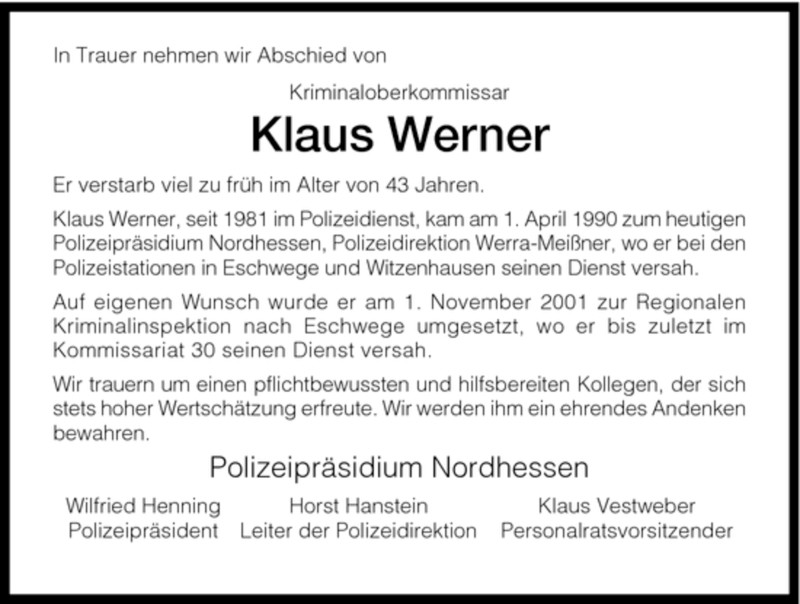  Traueranzeige für Klaus Werner vom 14.09.2007 aus HNA