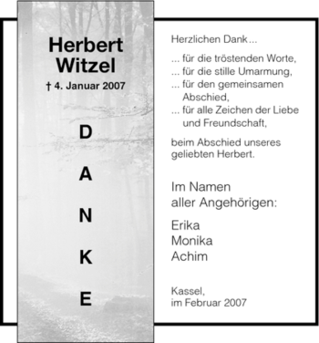 Traueranzeige von Herbert Witzel von HNA