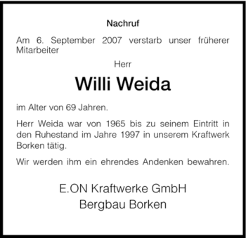 Traueranzeige von Willi Weida von HNA