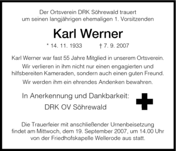 Traueranzeige von Karl Werner von HNA