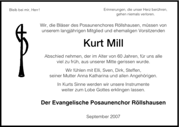 Traueranzeige von Kurt Mill von HNA