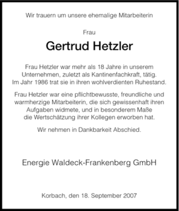 Traueranzeige von Gertrud Hetzler von HNA