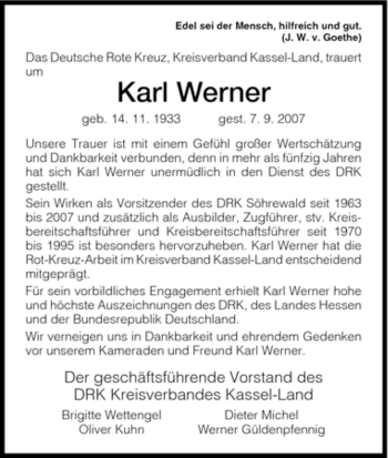 Traueranzeige von Karl Werner von HNA