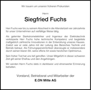 Traueranzeige von Siegfried Fuchs von HNA