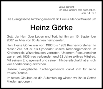 Traueranzeige von Heinz Görke von HNA