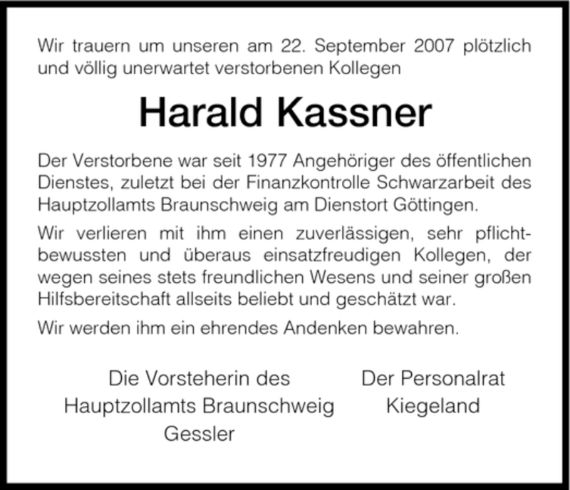  Traueranzeige für Harald Kassner vom 26.09.2007 aus HNA