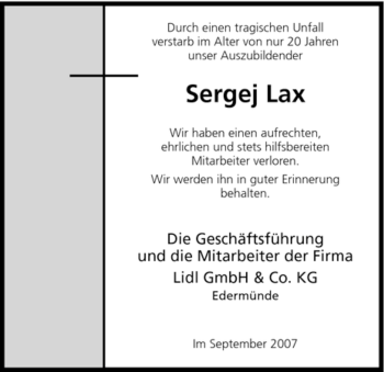 Traueranzeige von Sergej Lax von HNA