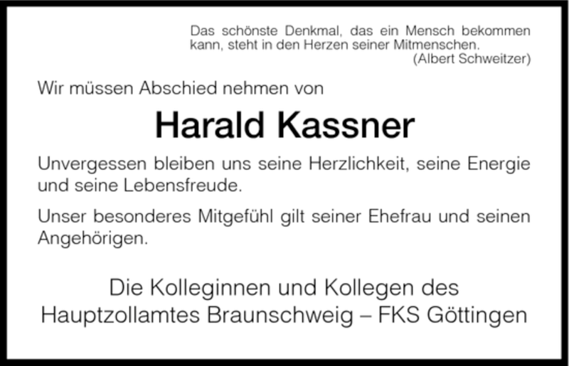  Traueranzeige für Harald Kassner vom 29.09.2007 aus HNA
