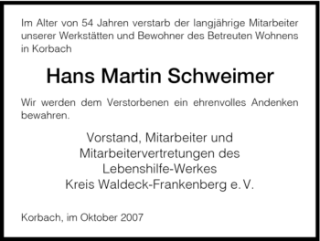 Traueranzeige von Hans Martin Schweimer von HNA