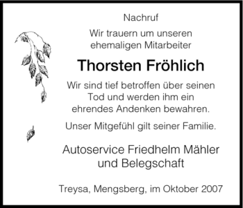 Traueranzeige von Thorsten Froehlich von HNA