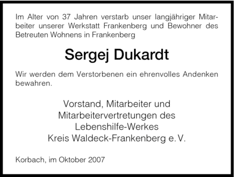  Traueranzeige für Sergej Dukardt vom 27.10.2007 aus HNA