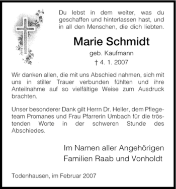 Traueranzeige von Marie Schmidt von HNA