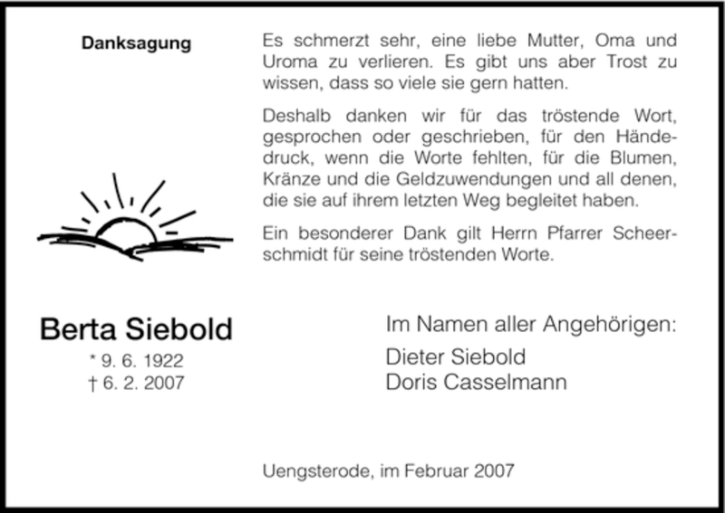  Traueranzeige für Berta Siebold vom 24.02.2007 aus HNA