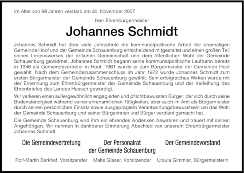  Traueranzeige für Johannes Schmidt vom 04.12.2007 aus HNA