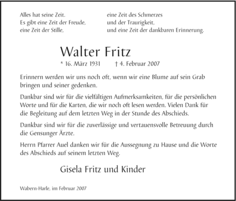  Traueranzeige für Walter Fritz vom 24.02.2007 aus HNA