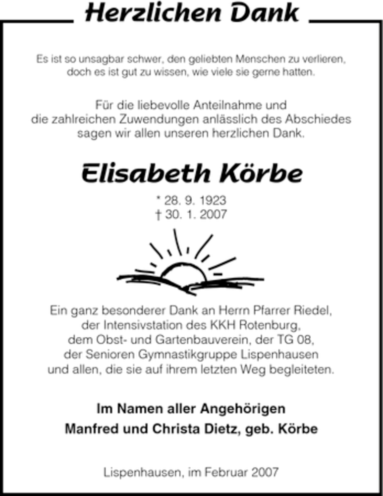  Traueranzeige für Elisabeth Koerbe vom 24.02.2007 aus HNA