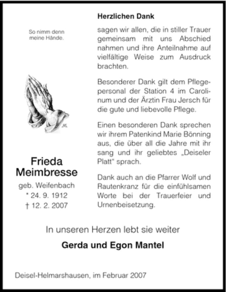  Traueranzeige für Frieda Meimbresse vom 27.02.2007 aus HNA