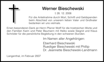 Traueranzeige von Werner Bieschewski von HNA