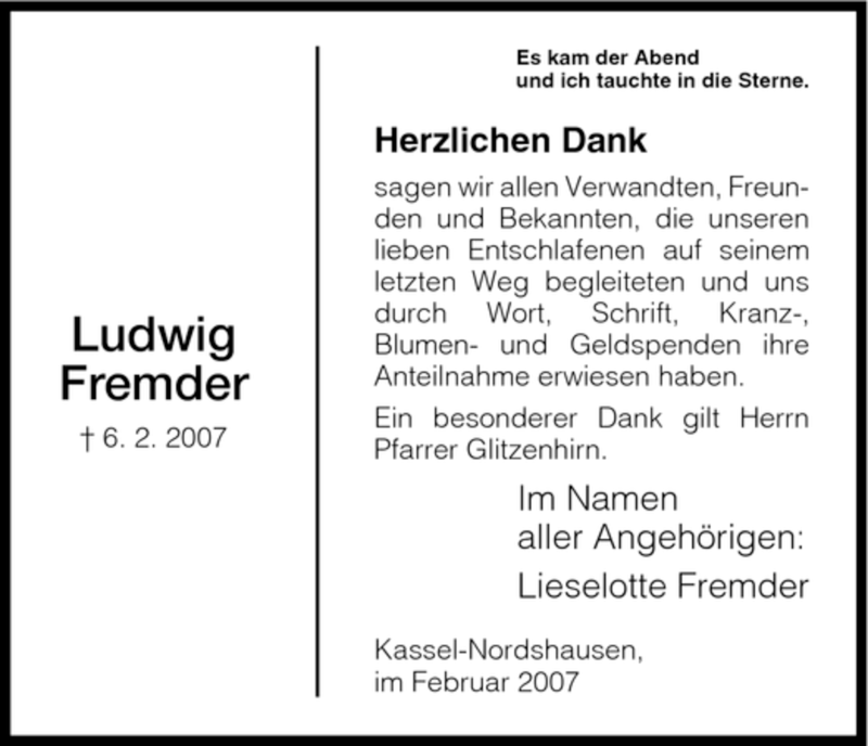  Traueranzeige für Ludwig Fremder vom 28.02.2007 aus HNA