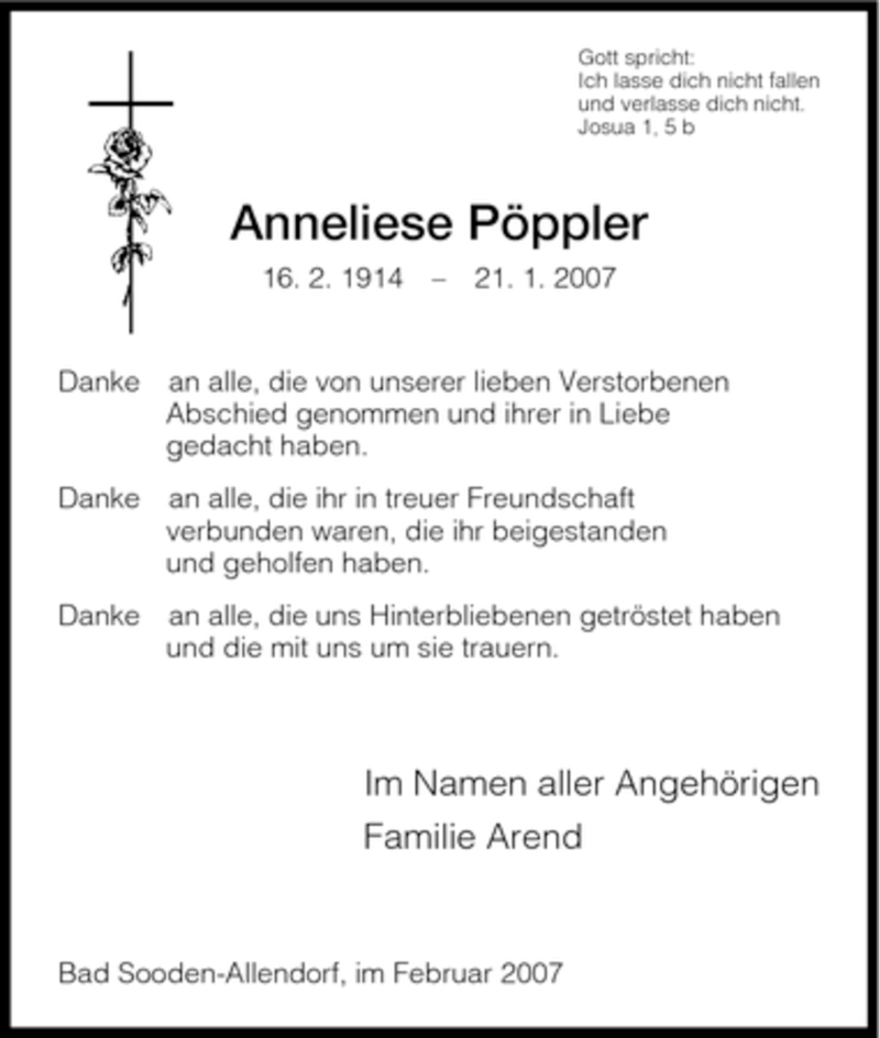 Traueranzeige für Anneliese Poeppler vom 02.03.2007 aus HNA
