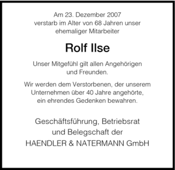 Traueranzeige von Rolf Ilse von HNA