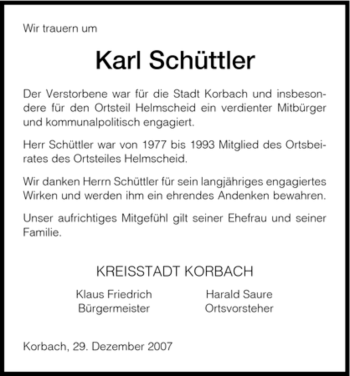 Traueranzeige von Karl Schuettler von HNA