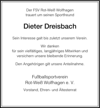 Traueranzeige von Dieter Dreisbach von HNA