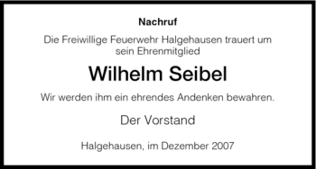 Traueranzeige von Wilhelm Seibel von HNA