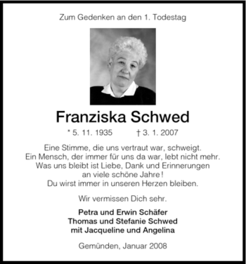 Traueranzeige von Franziska Schwed von HNA