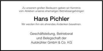 Traueranzeige von Hans Pichler von HNA