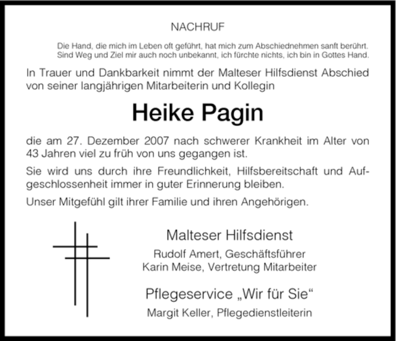  Traueranzeige für Heike Pagin vom 05.01.2008 aus HNA