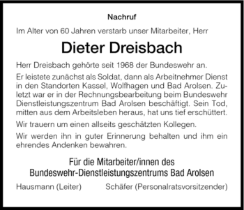 Traueranzeige von Dieter Dreisbach von HNA