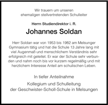 Traueranzeige von Johannes Soldan von HNA