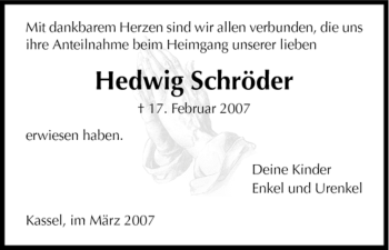 Traueranzeige von Hedwig Schröder von HNA