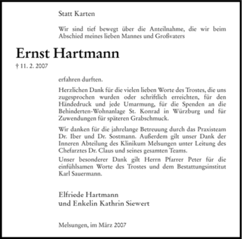 Traueranzeige von Ernst Hartmann von HNA