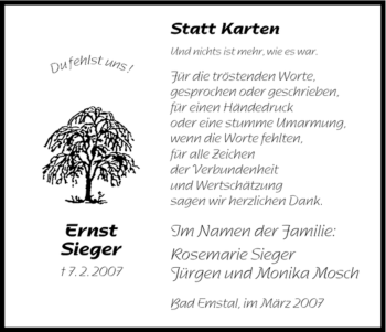 Traueranzeige von Ernst Stieger von HNA