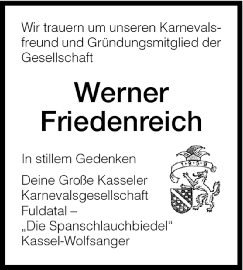  Traueranzeige für Werner Friedenreich vom 09.01.2008 aus HNA
