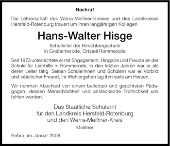 Traueranzeige von Hans-Walter Hisge von HNA